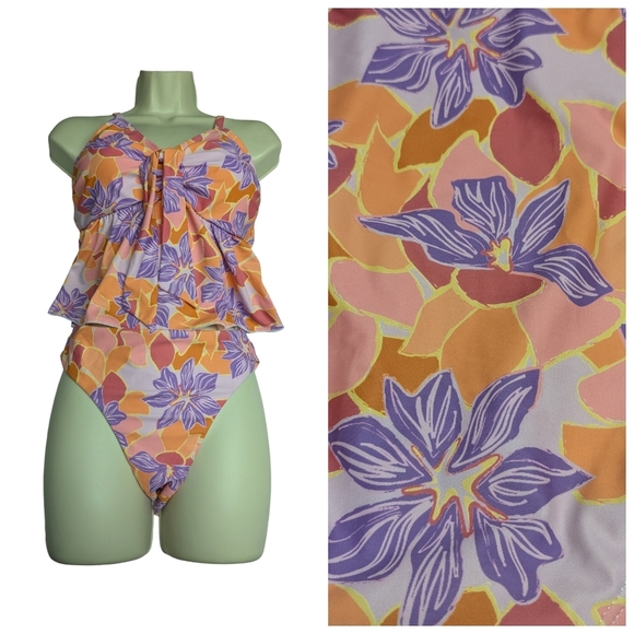 2/$25-Bikini-Flourescent Floral Print Highrise Bottoms & Tie Front Ruffled Tank - Picture 1 of 10